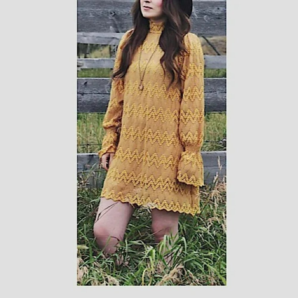 Free People Simone Lace Mini Dress in Mustard.  SZ S - Picture 3 of 4